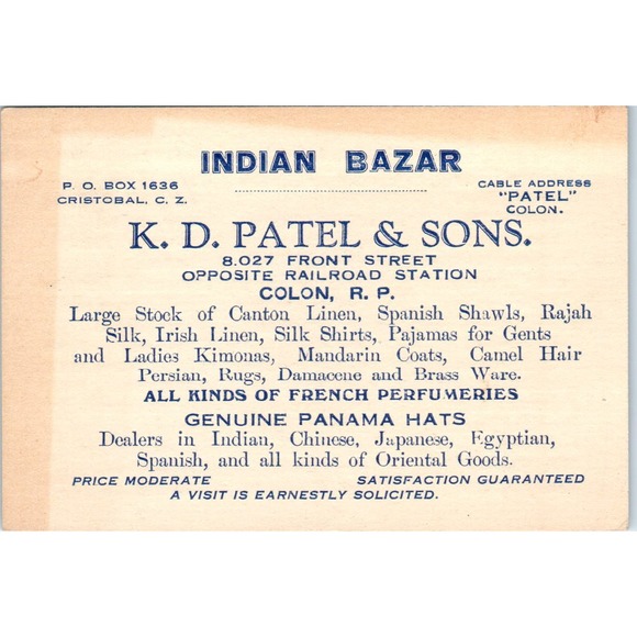 None Other - c1900 K.D. Patel & Sons Business Card Cristobal C.Z. Panama Indian Bazar AE6